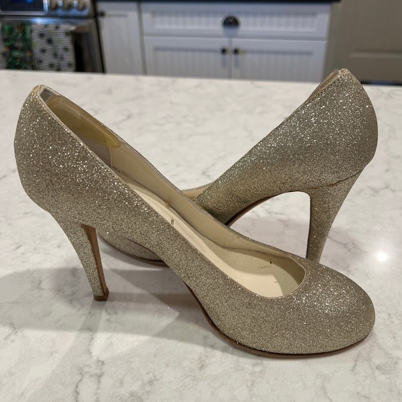 Something‎ Bleu Women’s Slip On Peep Toe Dress Glitter Pump Heels Size 8.5 Gold - Picture 1 of 9